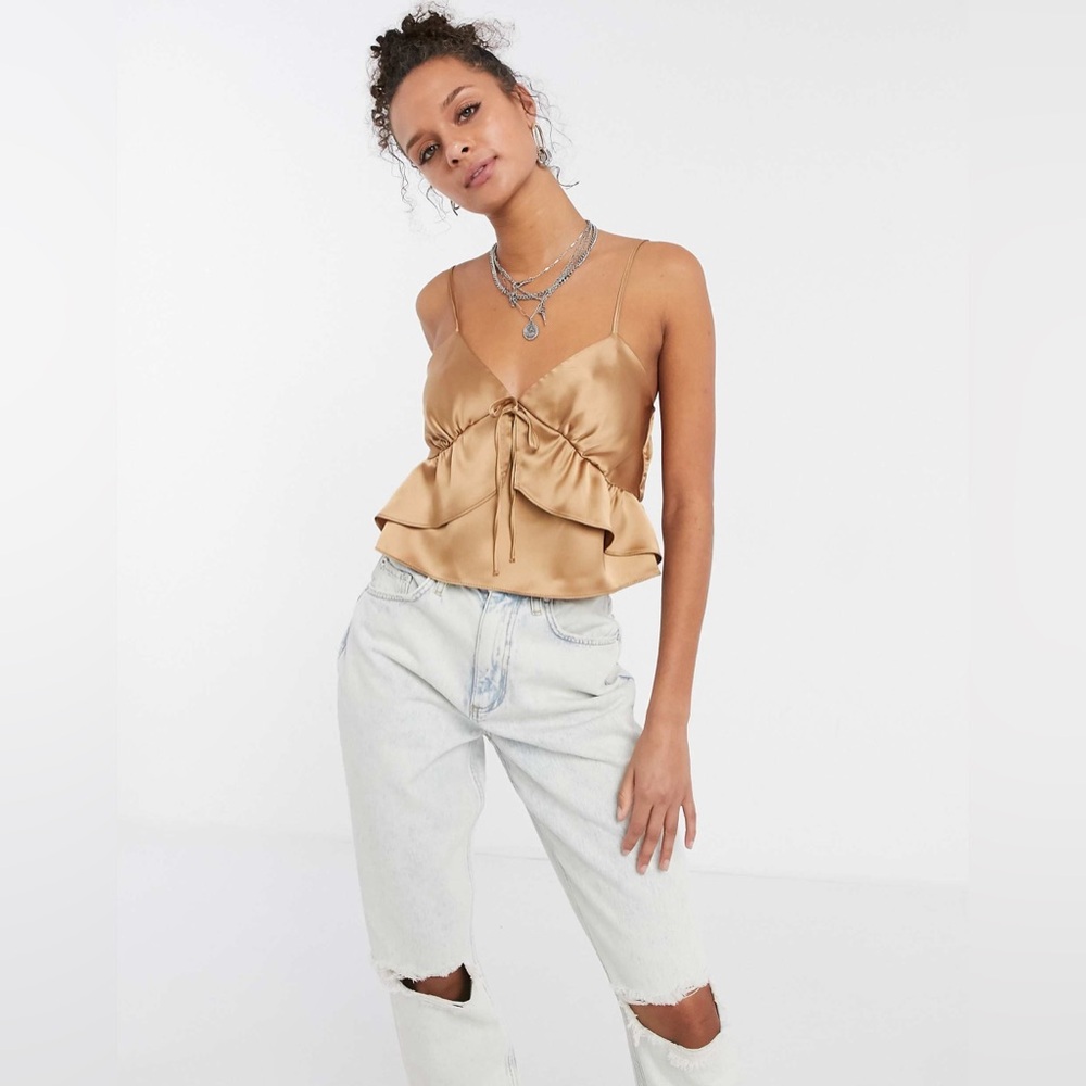 TOPSHOP Strappy Ruffle Front Cami Top In Bronze, Size 2